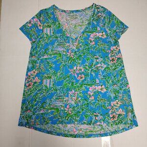 ❤️LILLY PULITZER Alligator Floral Theme Loose Fit Tee Top Size Medium 38 Bust